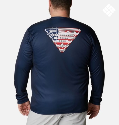 Men's Columbia PFG Terminal Tackle State Triangle Long Sleeve Sweatshirts Navy | Plus Size CA-KA4C3